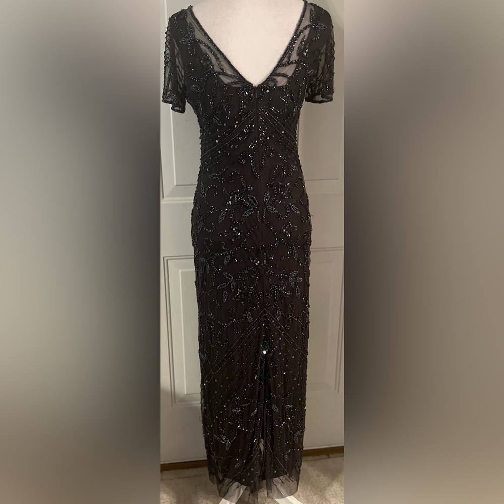 Pisarro Nights Cosmic Navy Beaded Gray Mesh Column  Formal Party Gown Size 4